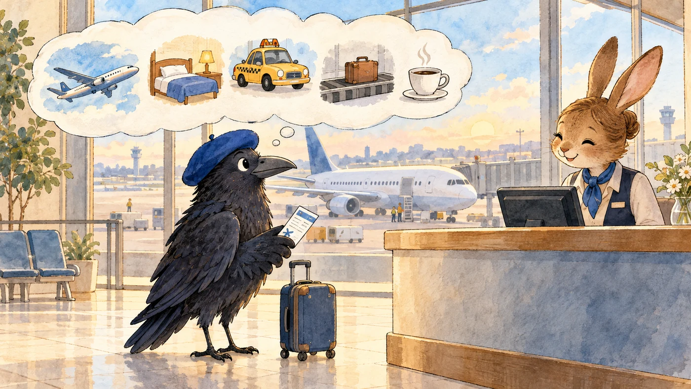 Акварельный рисунок: ворон в синем берете стоит с чемоданом у стойки регистрации в аэропорту и держит в крыле билет, над ним облако с пиктограммами самолёта, гостиничной кровати, такси, чемодана на ленте и чашки кофе