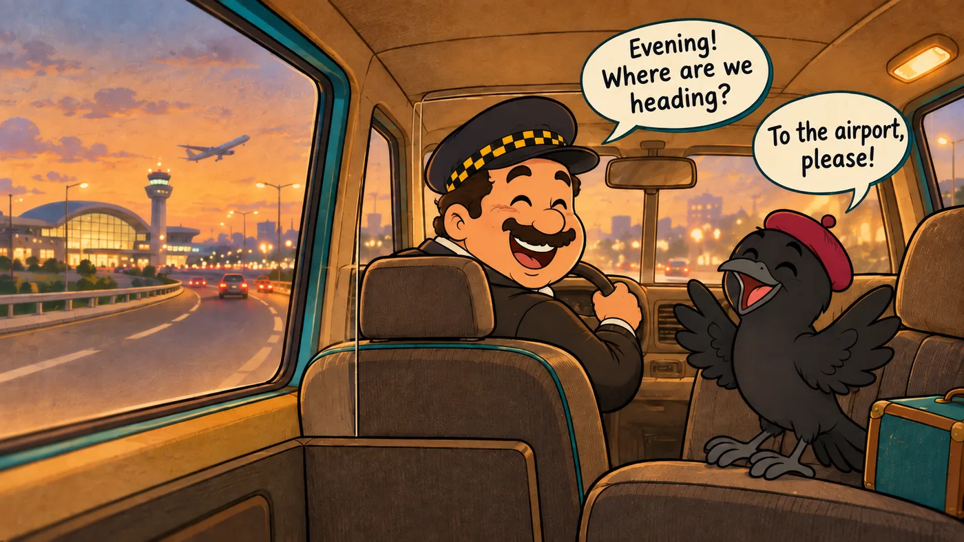 Водитель такси спрашивает Evening! Where are we heading?, а ворона Buddy в бордовом берете отвечает To the airport, please!