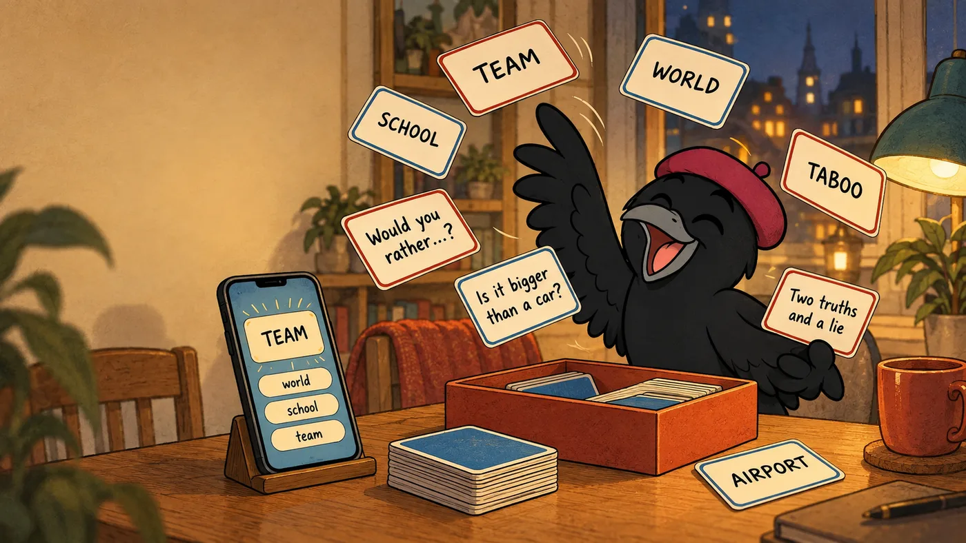 Ворона Buddy в бордовом берете подбрасывает над коробкой карточки со словами TEAM, WORLD, TABOO и Two truths and a lie, рядом на смартфоне открыта аркада.