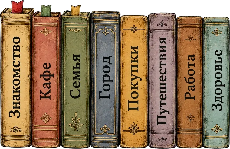Восемь книг: Знакомство, Кафе, Семья, Город, Покупки, Путешествия, Работа, Здоровье