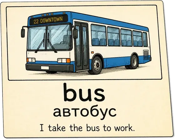 Карточка слова bus — автобус с картинкой и примером
