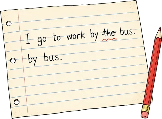 I go to work by the bus — слово the зачёркнуто, ниже by bus